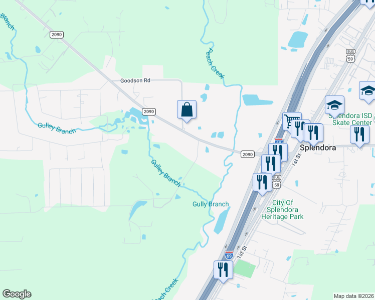 map of restaurants, bars, coffee shops, grocery stores, and more near 14676 Duke Road in Splendora