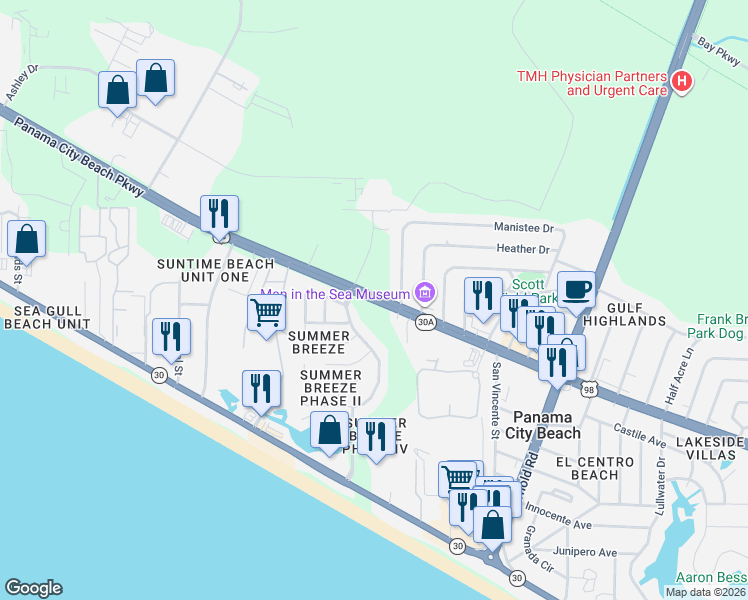 map of restaurants, bars, coffee shops, grocery stores, and more near 17435 Panama City Beach Parkway in Panama City Beach