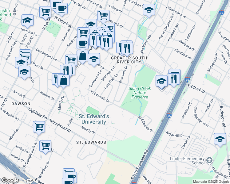 map of restaurants, bars, coffee shops, grocery stores, and more near 2614 East Side Drive in Austin