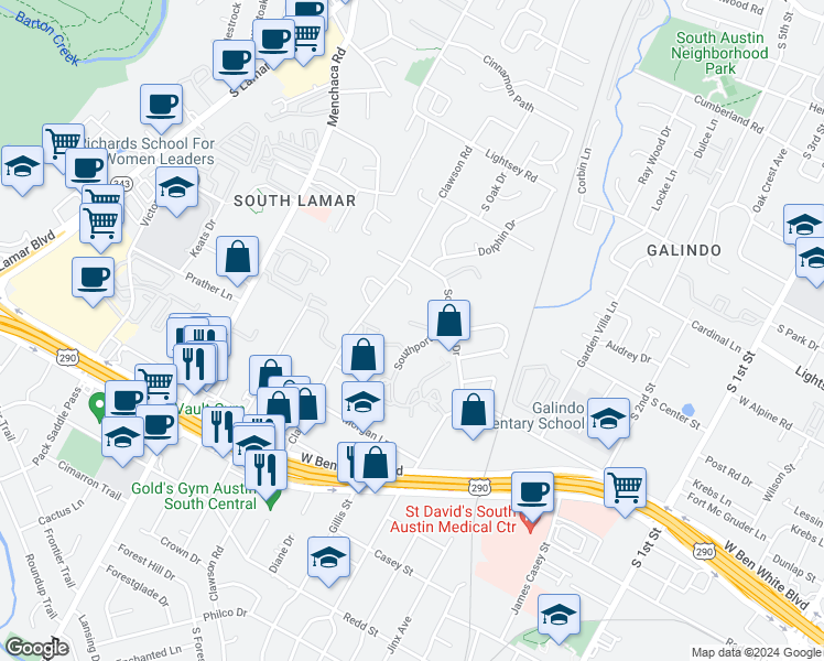 map of restaurants, bars, coffee shops, grocery stores, and more near 1505 Rockdale Circle in Austin