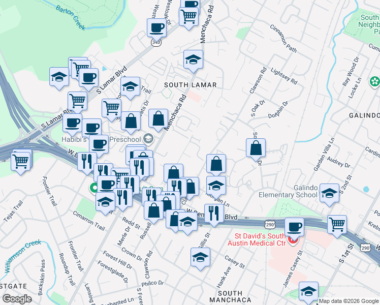 map of restaurants, bars, coffee shops, grocery stores, and more near 3915 Valley View Road in Austin