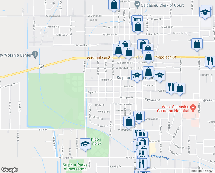 map of restaurants, bars, coffee shops, grocery stores, and more near 456 Pearl Street in Sulphur