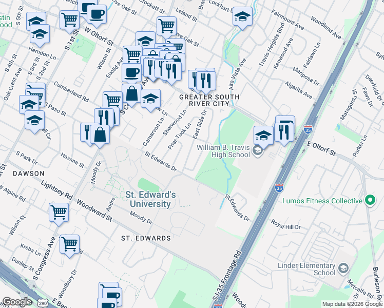 map of restaurants, bars, coffee shops, grocery stores, and more near 2611 East Side Drive in Austin