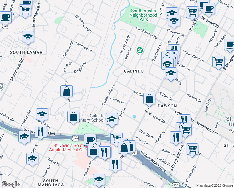 map of restaurants, bars, coffee shops, grocery stores, and more near 3521 Marcae Ct in Austin