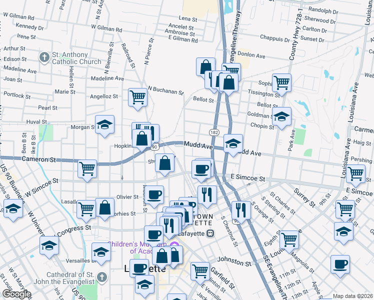map of restaurants, bars, coffee shops, grocery stores, and more near 201 Greig Street in Lafayette