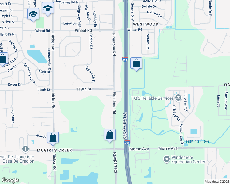 map of restaurants, bars, coffee shops, grocery stores, and more near 6427 Firestone Road in Jacksonville