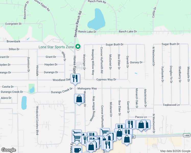 map of restaurants, bars, coffee shops, grocery stores, and more near 34103 Conroe Huffsmith Road in Magnolia