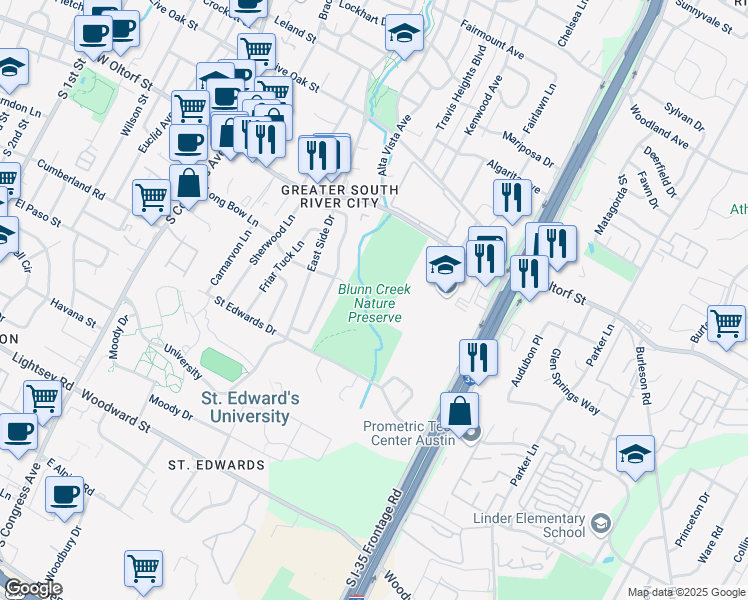 map of restaurants, bars, coffee shops, grocery stores, and more near 1200 Saint Edwards Drive in Austin