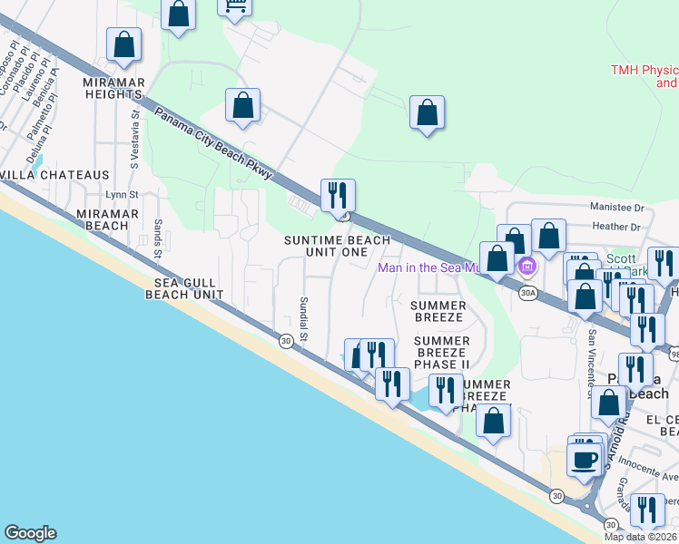 map of restaurants, bars, coffee shops, grocery stores, and more near 201 Cobb Rd in Panama City Beach