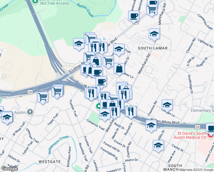 map of restaurants, bars, coffee shops, grocery stores, and more near 4107 Victory Drive in Austin