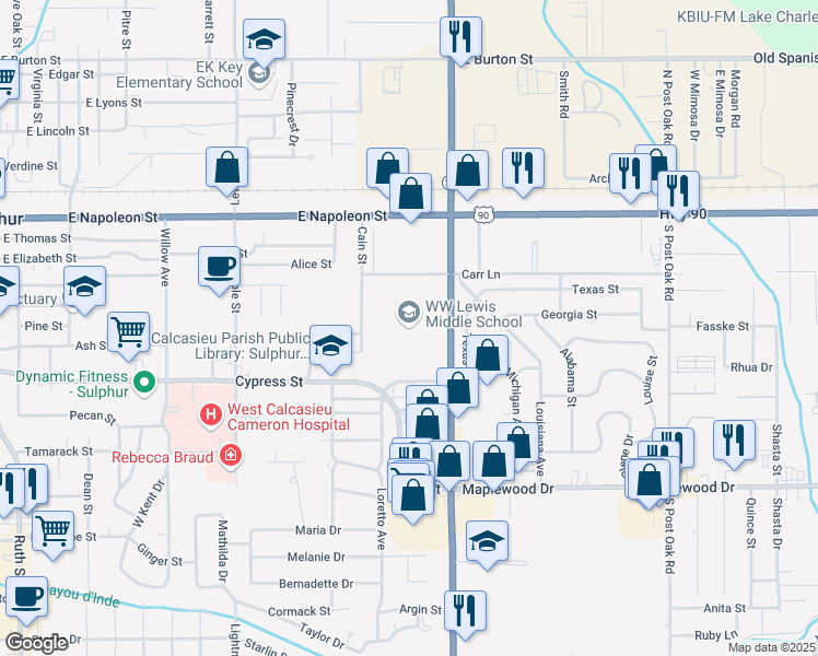 map of restaurants, bars, coffee shops, grocery stores, and more near 1752 Cypress Street in Sulphur