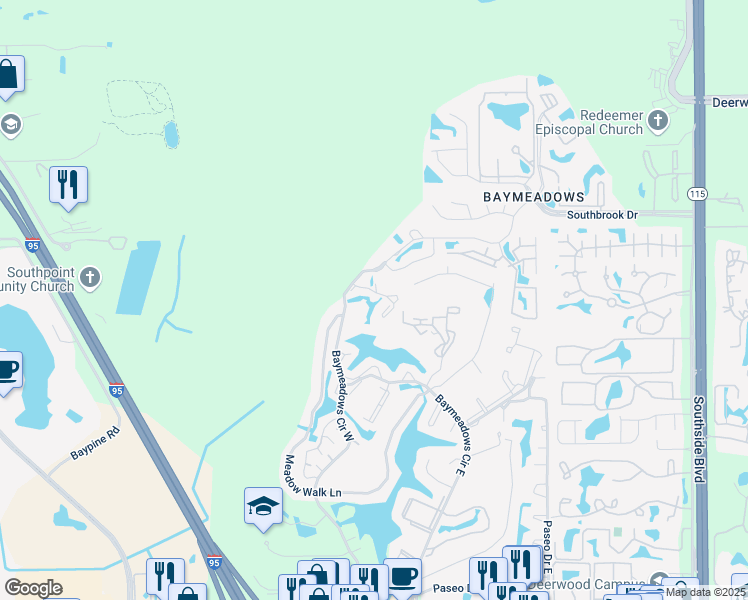 map of restaurants, bars, coffee shops, grocery stores, and more near 7701 Bay Meadows Circle in Jacksonville