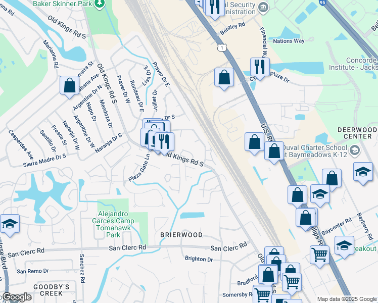 map of restaurants, bars, coffee shops, grocery stores, and more near 4758 Radcliff Court in Jacksonville