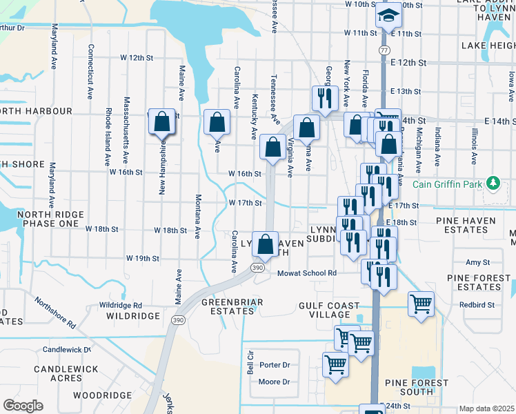 map of restaurants, bars, coffee shops, grocery stores, and more near 1712 Tennessee Avenue in Lynn Haven