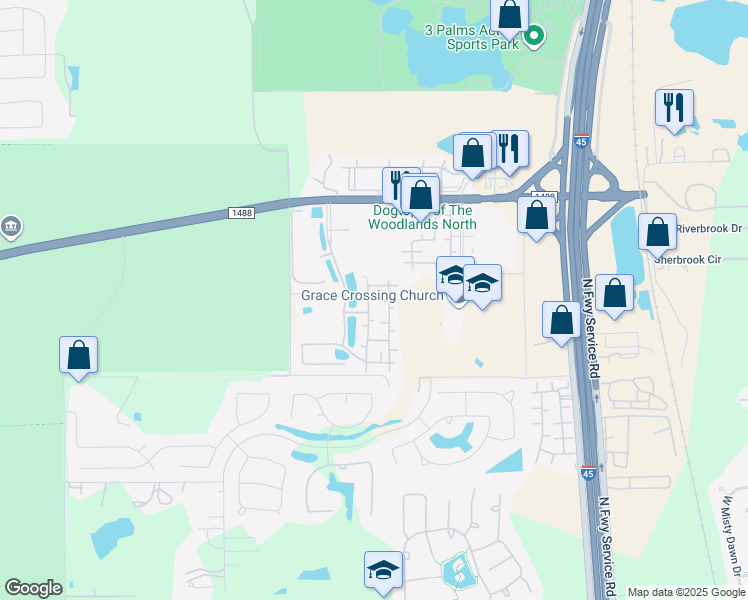 map of restaurants, bars, coffee shops, grocery stores, and more near 15000 Mansions View Drive in Conroe