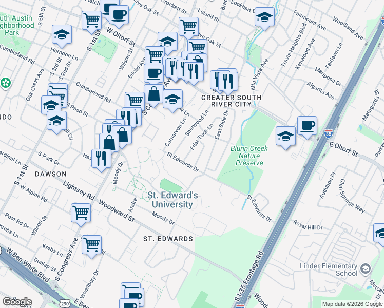map of restaurants, bars, coffee shops, grocery stores, and more near 2706 Nottingham Lane in Austin