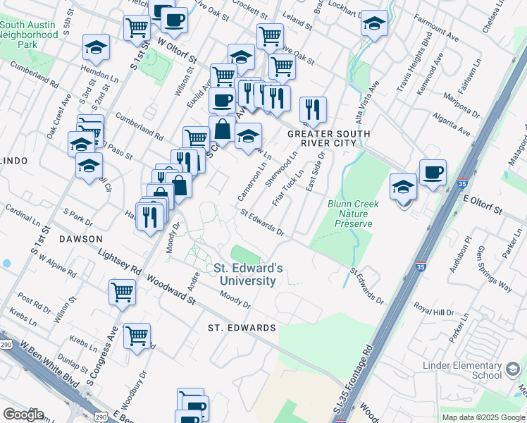 map of restaurants, bars, coffee shops, grocery stores, and more near 2715 Sherwood Lane in Austin