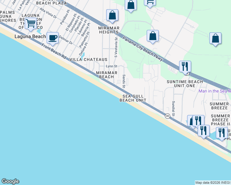 map of restaurants, bars, coffee shops, grocery stores, and more near 17757 Front Beach Road in Panama City
