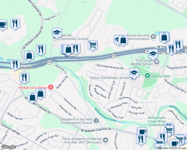 map of restaurants, bars, coffee shops, grocery stores, and more near 5601 Porsche Lane in Austin