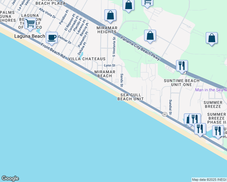 map of restaurants, bars, coffee shops, grocery stores, and more near 17757 Front Beach Road in Panama City Beach