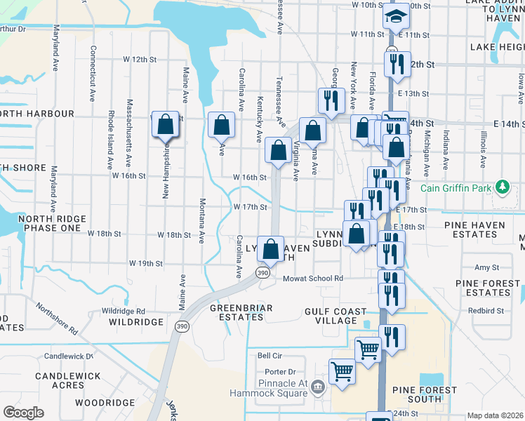 map of restaurants, bars, coffee shops, grocery stores, and more near 1712 Tennessee Avenue in Lynn Haven