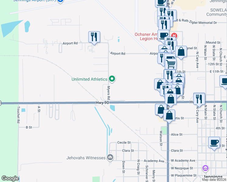 map of restaurants, bars, coffee shops, grocery stores, and more near 1278-1308 Myers Road in Jennings