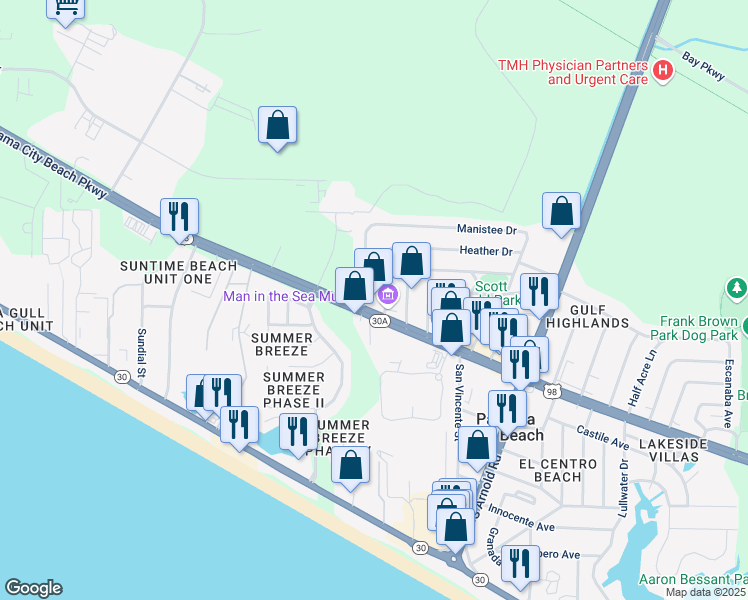 map of restaurants, bars, coffee shops, grocery stores, and more near 17320 Panama City Beach Parkway in Panama City Beach