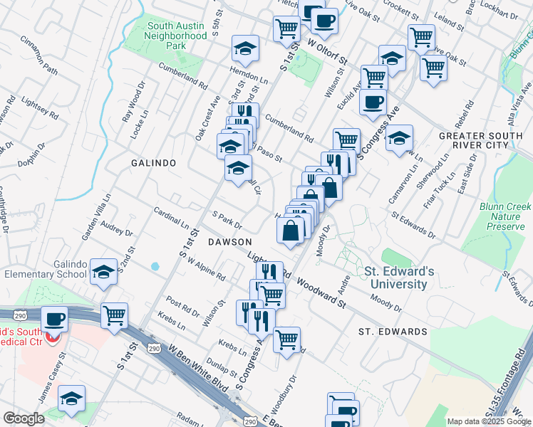 map of restaurants, bars, coffee shops, grocery stores, and more near 3103 Fontana Drive in Austin