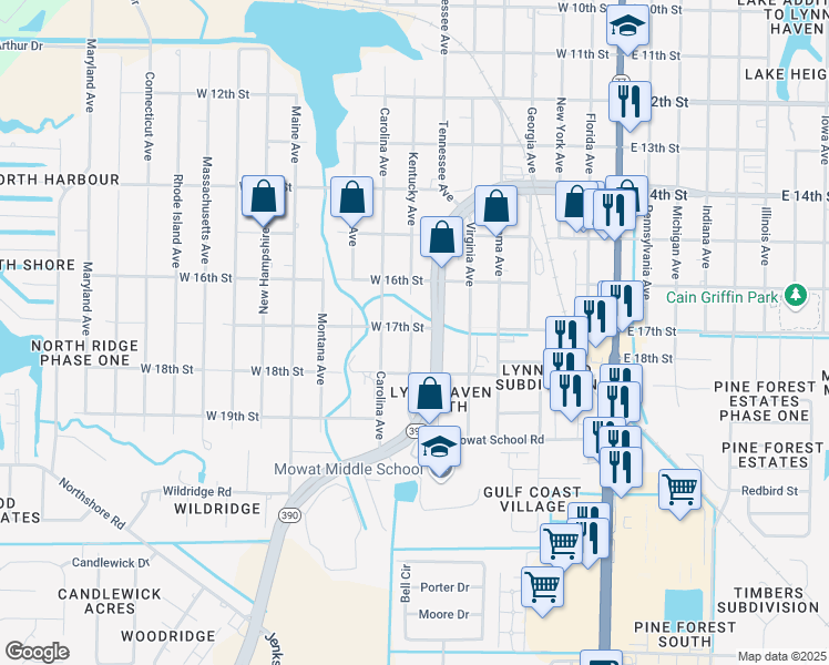 map of restaurants, bars, coffee shops, grocery stores, and more near 715 West 17th Street in Lynn Haven