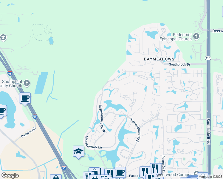 map of restaurants, bars, coffee shops, grocery stores, and more near 7701 Bay Meadows Circle in Jacksonville