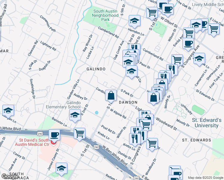 map of restaurants, bars, coffee shops, grocery stores, and more near 3220 South 1st Street in Austin