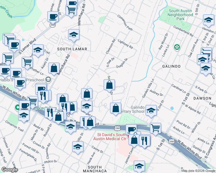 map of restaurants, bars, coffee shops, grocery stores, and more near in Austin