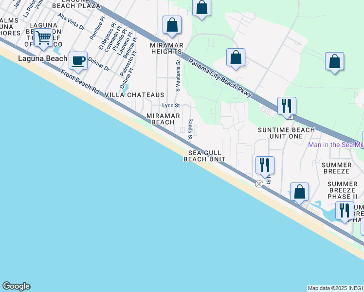 map of restaurants, bars, coffee shops, grocery stores, and more near 17757 Front Beach Road in Panama City