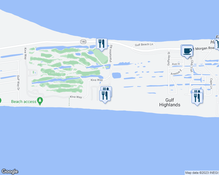 map of restaurants, bars, coffee shops, grocery stores, and more near 7086 Plantation Road in Gulf Shores