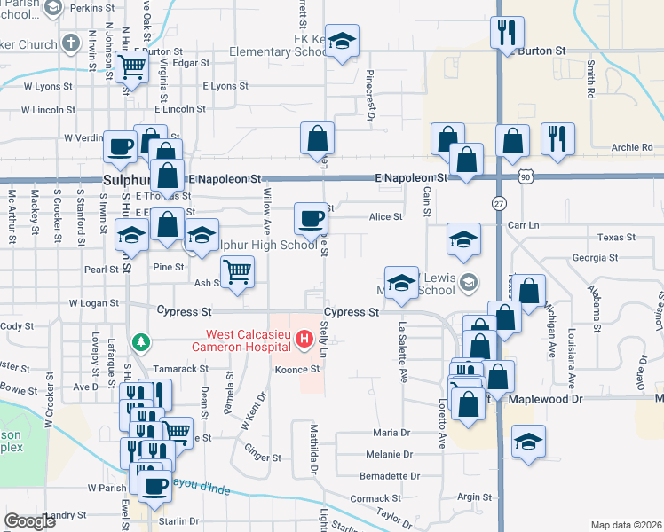 map of restaurants, bars, coffee shops, grocery stores, and more near 642 Maple St in Sulphur