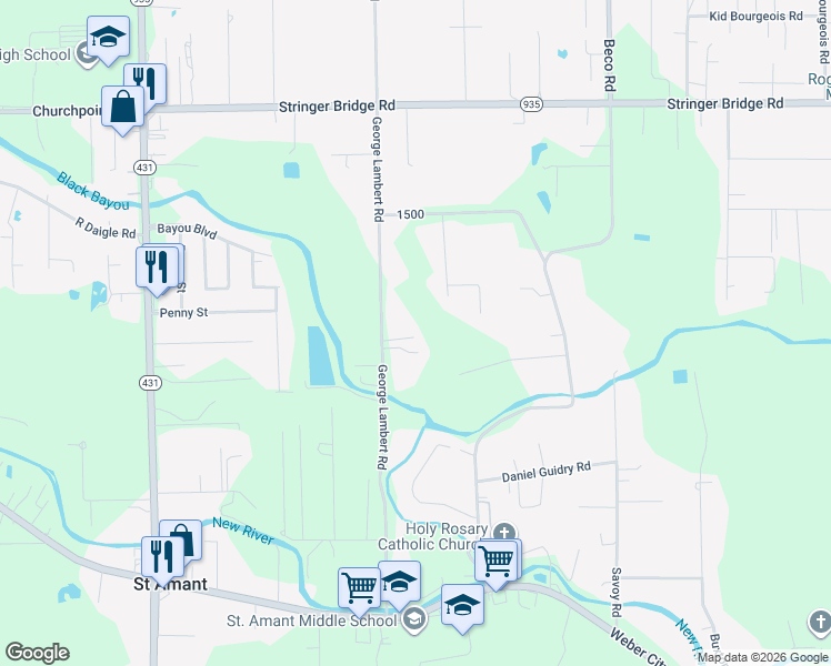 map of restaurants, bars, coffee shops, grocery stores, and more near 11234 George Lambert Road in Saint Amant