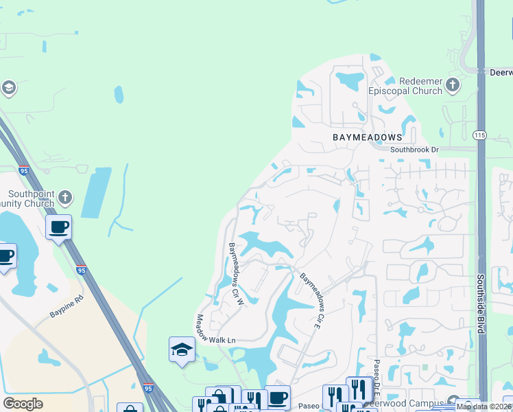 map of restaurants, bars, coffee shops, grocery stores, and more near 7701 Bay Meadows Circle in Jacksonville