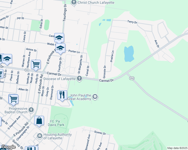 map of restaurants, bars, coffee shops, grocery stores, and more near 1513-1515 Carmel Drive in Lafayette