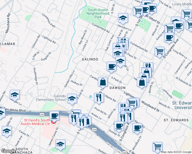 map of restaurants, bars, coffee shops, grocery stores, and more near 601 Cardinal Lane in Austin
