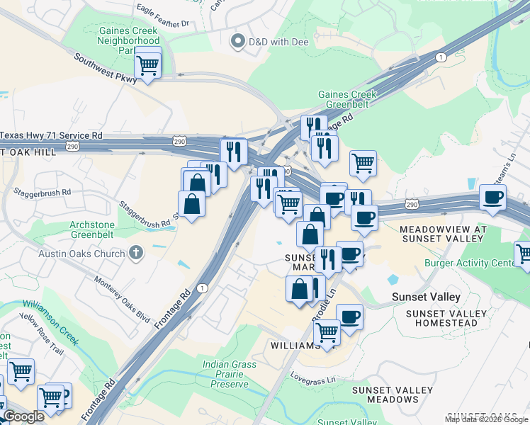 map of restaurants, bars, coffee shops, grocery stores, and more near in Austin