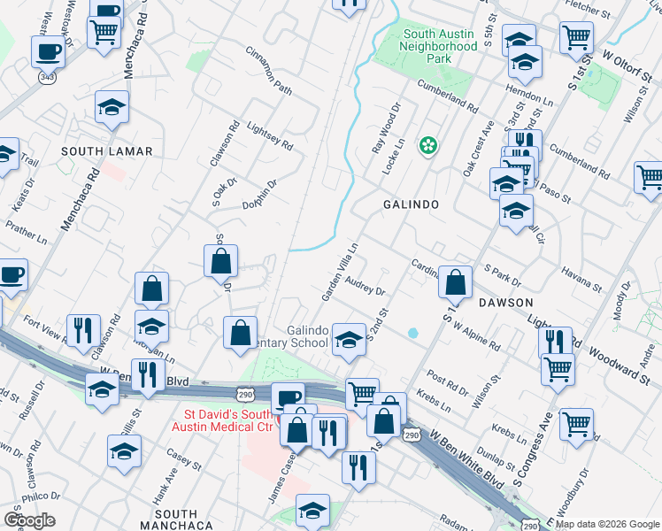 map of restaurants, bars, coffee shops, grocery stores, and more near 1004 Audrey Court in Austin
