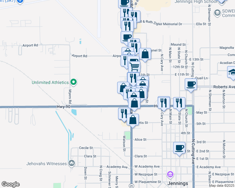map of restaurants, bars, coffee shops, grocery stores, and more near 1223 Elton Road in Jennings