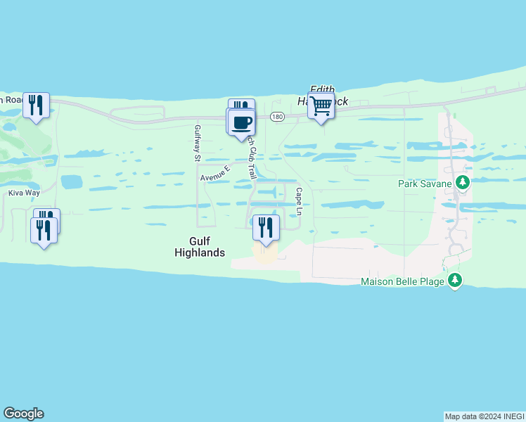 map of restaurants, bars, coffee shops, grocery stores, and more near 8632 Greenwich Court in Gulf Shores
