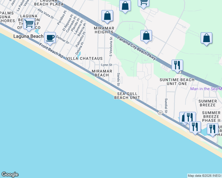 map of restaurants, bars, coffee shops, grocery stores, and more near 17757 Front Beach Road in Panama City Beach
