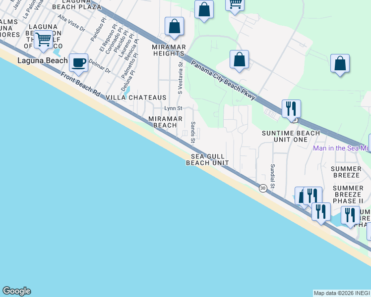 map of restaurants, bars, coffee shops, grocery stores, and more near 17739 Front Beach Road in Panama City Beach