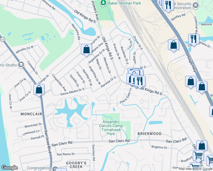 map of restaurants, bars, coffee shops, grocery stores, and more near 4412 Naranja Drive South in Jacksonville