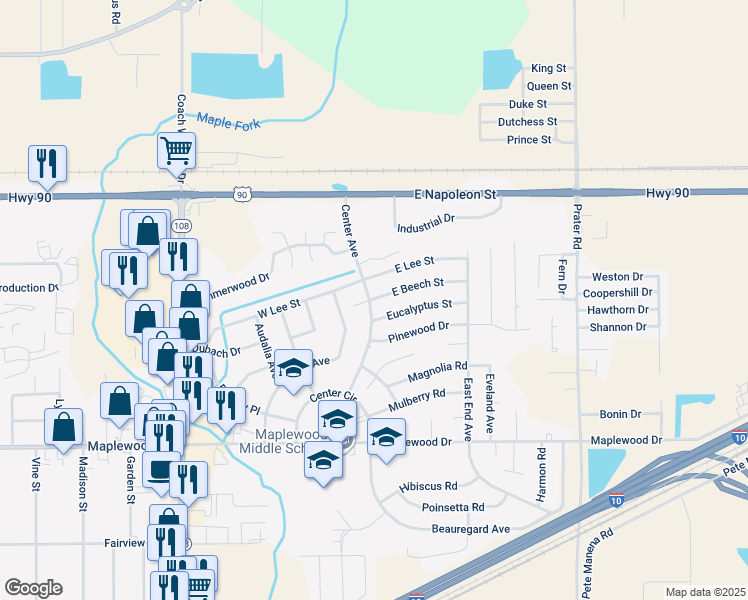 map of restaurants, bars, coffee shops, grocery stores, and more near 64 West Beech Street in Sulphur