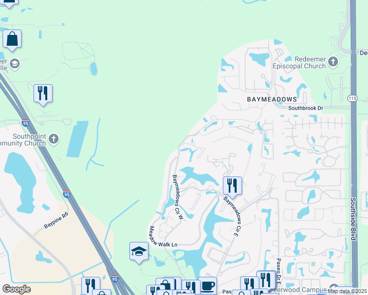 map of restaurants, bars, coffee shops, grocery stores, and more near 7701 Baymeadows Circle West in Jacksonville