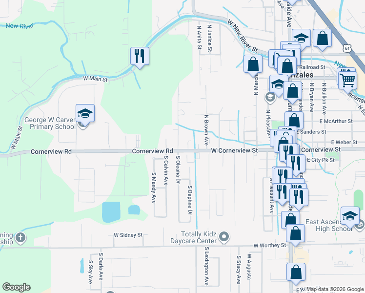 map of restaurants, bars, coffee shops, grocery stores, and more near 106 South Oleana Drive in Gonzales