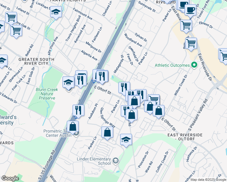 map of restaurants, bars, coffee shops, grocery stores, and more near 2300-2398 Greenfield Parkway in Austin